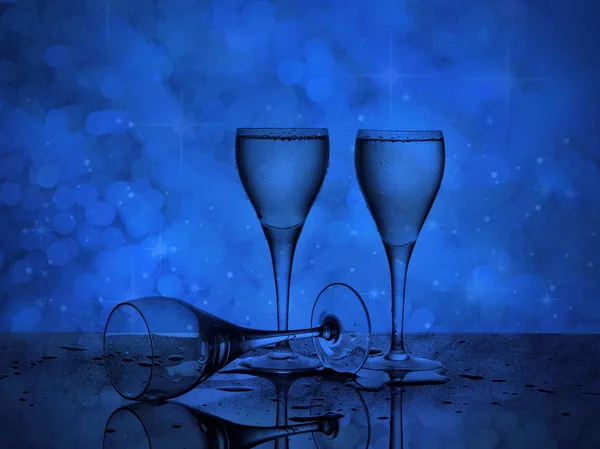 Üç bardak ve döktü su, alkollü içecekler için bir parti, yansıma ve damla.