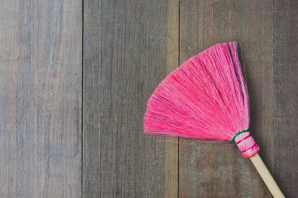 Pink Broom Put Wooden Floor — Stock Photo, Image