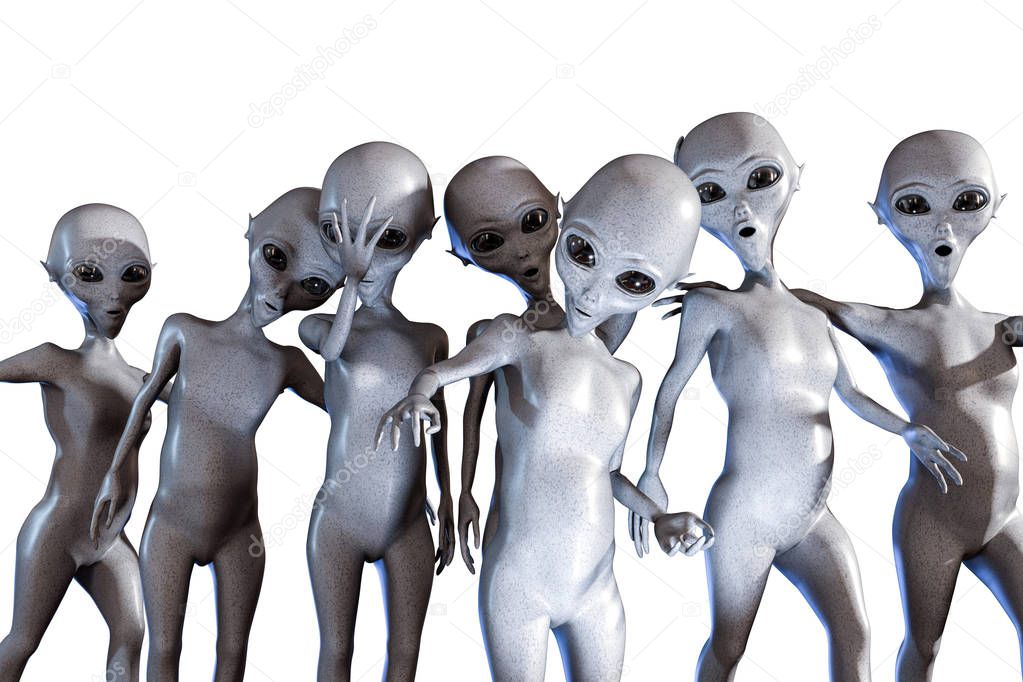 huge group of gray aliens isolated on white background 3d illustration 