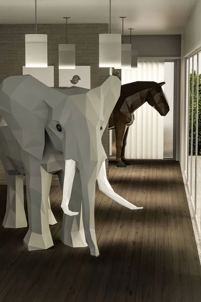 low poly animals into a empty room 3d illustration