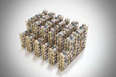 Beyaz arkaplanda izole edilmiş bir depolama rafının 3d illüstrasyonu