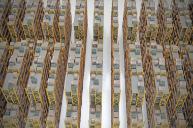 Beyaz arkaplanda izole edilmiş bir depolama rafının 3d illüstrasyonu