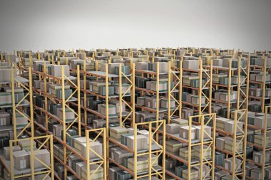 Beyaz arkaplanda izole edilmiş bir depolama rafının 3d illüstrasyonu