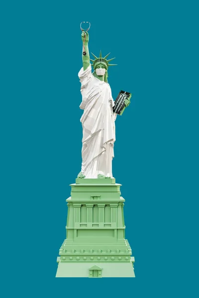 liberty statue with a surgery mask isolated on blue background 3d illustration