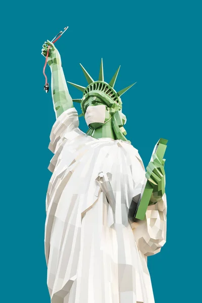 Statua Liberty Con Maschera Chirurgica Isolata Sfondo Blu Illustrazione — Foto Stock