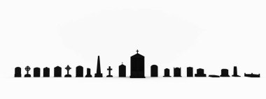 Mezar taşları siluetleri beyaz zemin üzerinde izole edilmiş 3d illüstrasyon 