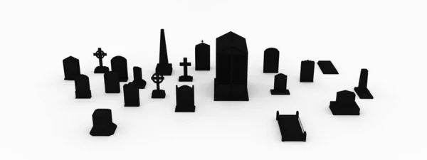 Cemitério Lápides Silhuetas Isoladas Sobre Fundo Branco Ilustração — Fotografia de Stock