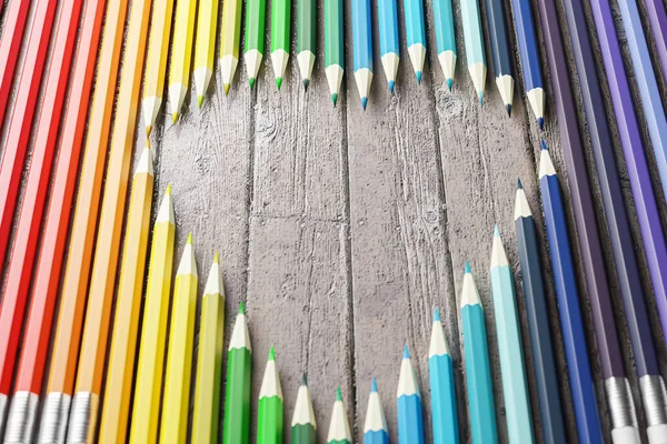 Pencils Heart Shaped Set Wooden Floor Illustration — Stock Photo, Image