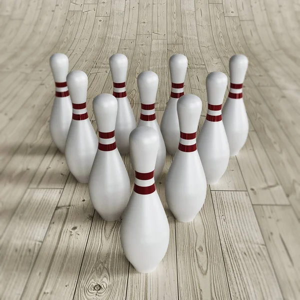 Birilli Bowling Superficie Legno Illustrazione — Foto Stock