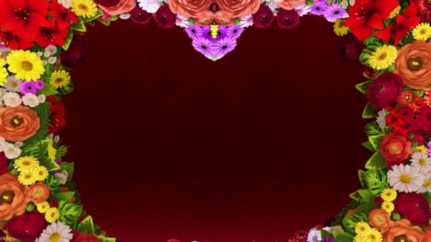 Animation of swirling flowers forming the silhouette of a heart on a red festive background. Template for greetings for wedding, Valentines Day, mothers day, family day, birthday.