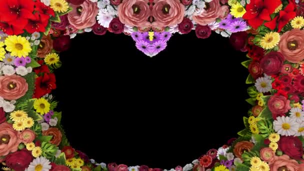 Animace, vířící květin, které tvoří srdce silueta na černém pozadí. Šablona pro pozdravy pro svatbu, Valentýn, matky den, rodinný den, narozeniny. Loop video.