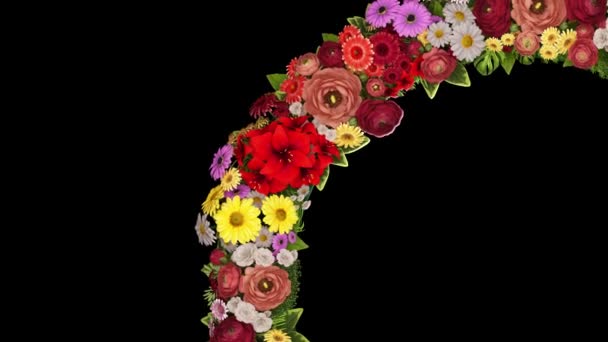Animatie van een wervelende ring van bloemen op een zwarte achtergrond. Loop video — Stockvideo