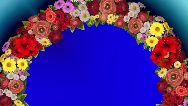 Animación de un anillo giratorio de flores sobre un fondo azul. La llave de croma. Bucle de vídeo — Vídeos de Stock