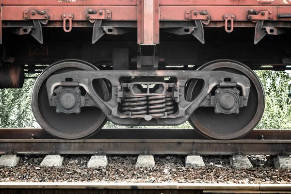 Nahaufnahme Von Radsatzfedern Triebwagen Der Bahn Unangetriebene Schienenfahrzeuge Die Für — Stockfoto