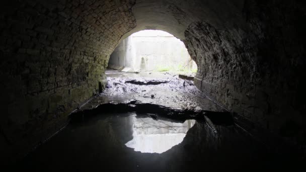 Vieille Brique Abandonnée Tunnel Drainage Semi Circulaire Qui Sort — Video