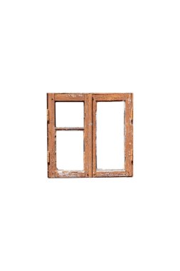 Soyulmuş boyalı eski ahşap pencere iskeleti izole edilmiştir..