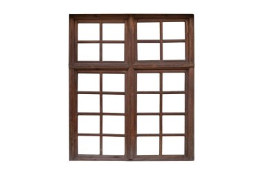 On altı küçük pencereli kahverengi ahşap pencere iskeleti izole edilmiştir..