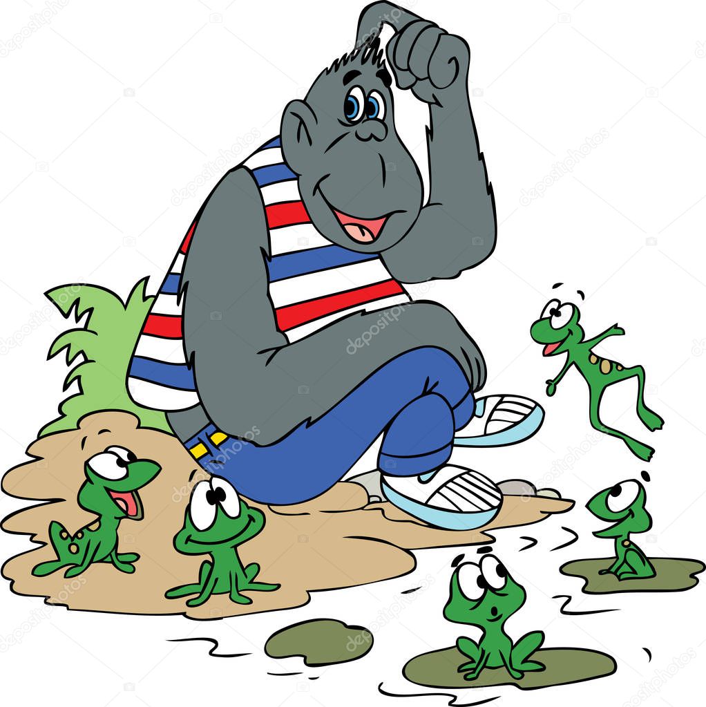 Cartoon gorilla sitting and chatting with his frog friends vector illustration