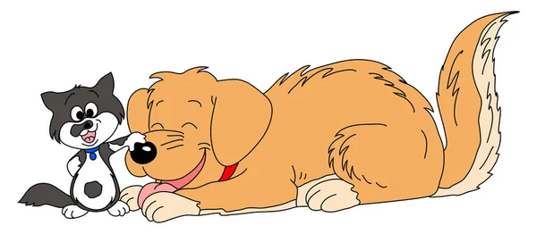 Cartoon Kätzchen Streichelt Seinen Golden Retriever Freund Vektor Illustration — Stockvektor