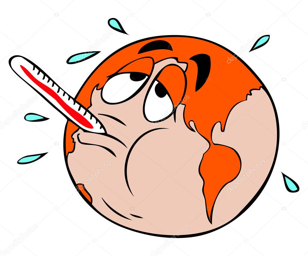 Concept of Global warming. Sick earth holding a thermometer in his mouth