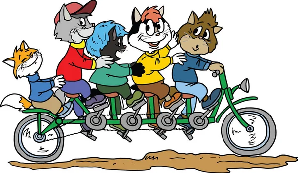 Grupp Tecknad Katt Rider Tandem Cykel Vektorillustration — Stock vektor