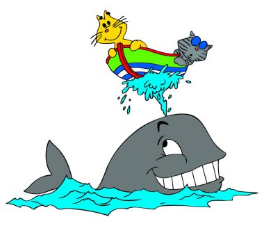 Karikatür kedi ve bir balina vektör çizim