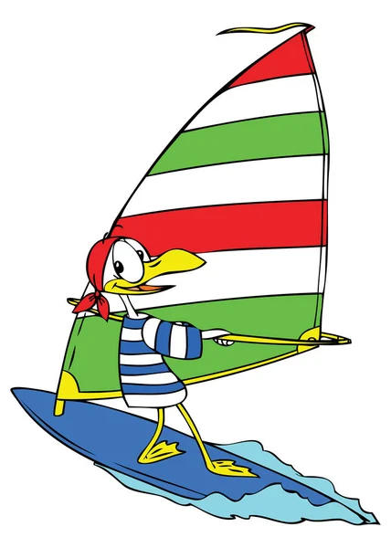 Γελοιογραφία Γλάρος Windsurfing Στην Εικονογράφηση Διάνυσμα Ενοικιαζόμενα — Διανυσματικό Αρχείο