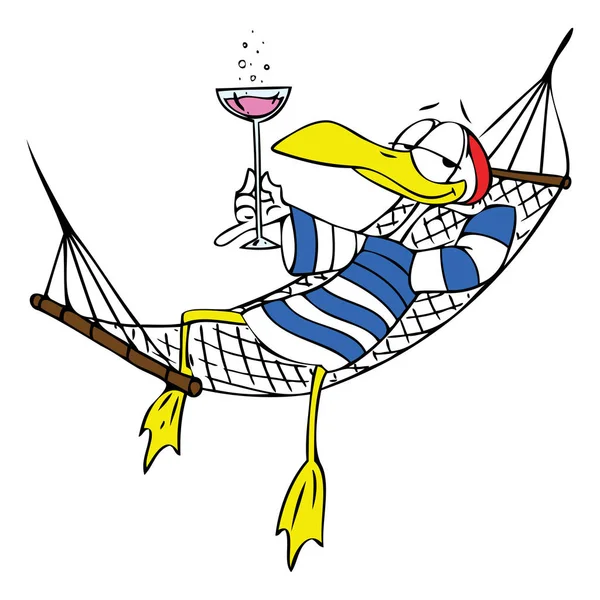Cartoon Mouette Relaxant Dans Hamac Profiter Son Illustration Vectorielle Boisson — Image vectorielle