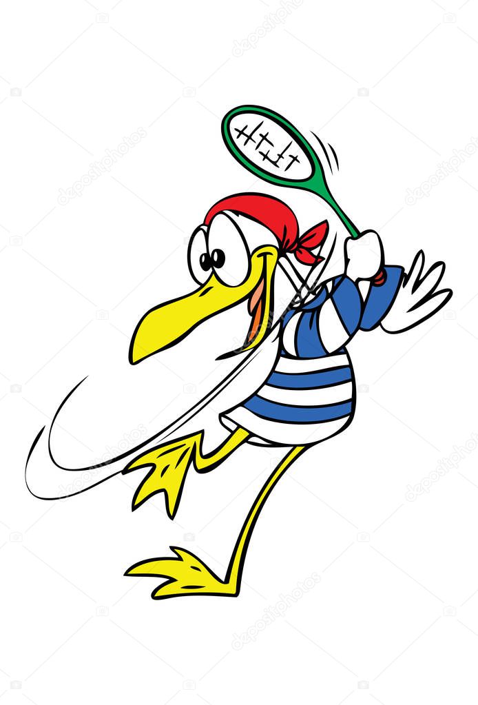 Cartoon seagull playing tennis vector illustration