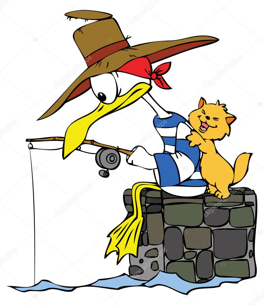 cartoon seagull fishing for his cat friend vector illustration