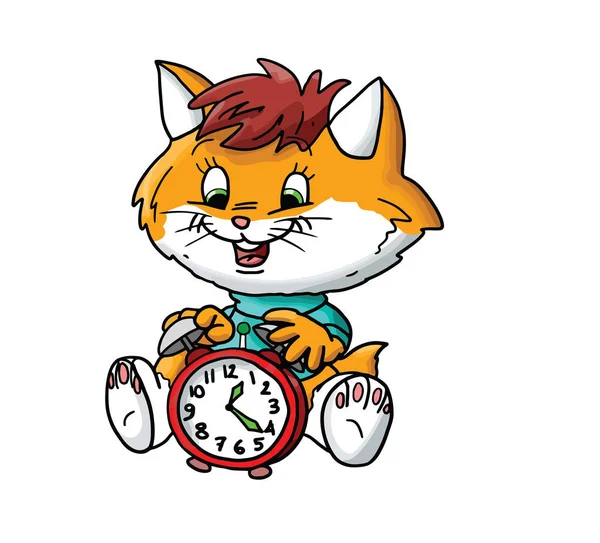 Dibujos Animados Gato Jugando Con Reloj Vector Ilustración — Vector de stock