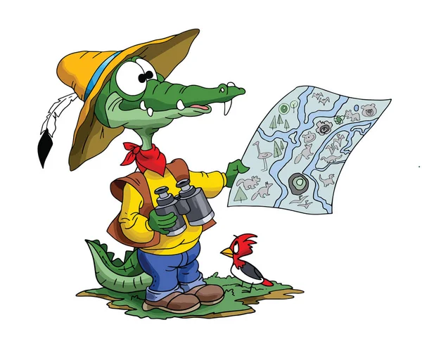 Cartoon Adventurer Alligator Looking His Map Find His Route Vector — Stock Vector