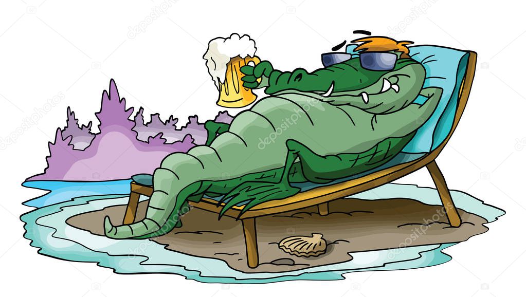 cartoon alligator sunbathing and relaxing on the beach vector illustration