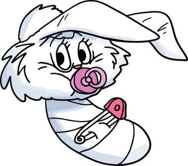 Bir emzik ağzında tutarak bez parçası giysili karikatür bebeği tavşan