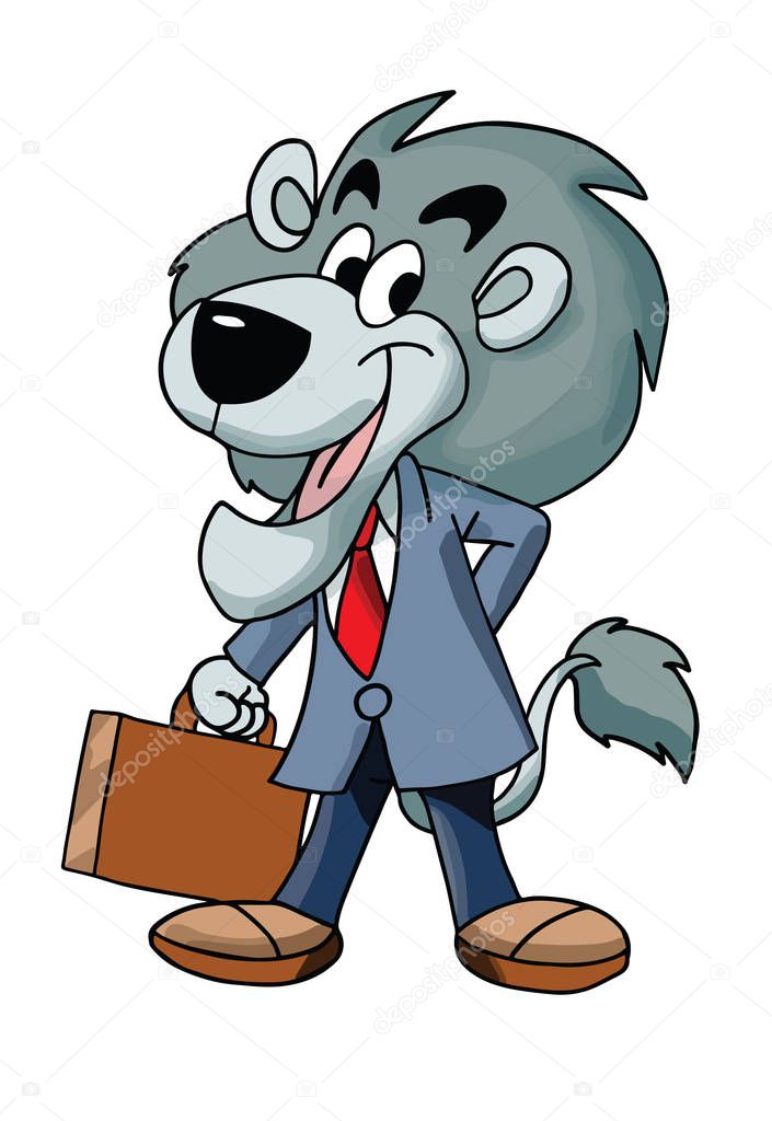Cartoon lion businessman carrying a brown briefcase vector illustration