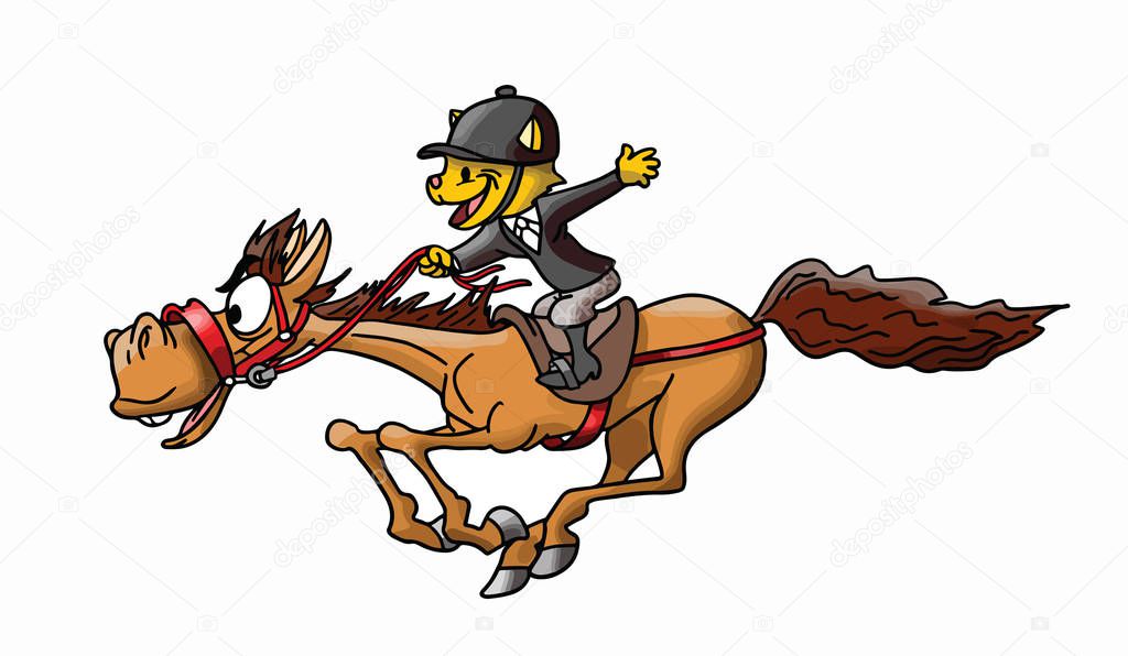Cartoon cat riding a brown horse galloping at lightning speed vector illustration
