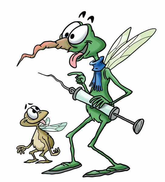 Mosquito Dibujos Animados Una Mosca Sosteniendo Una Jeringa Sus Manos — Archivo Imágenes Vectoriales