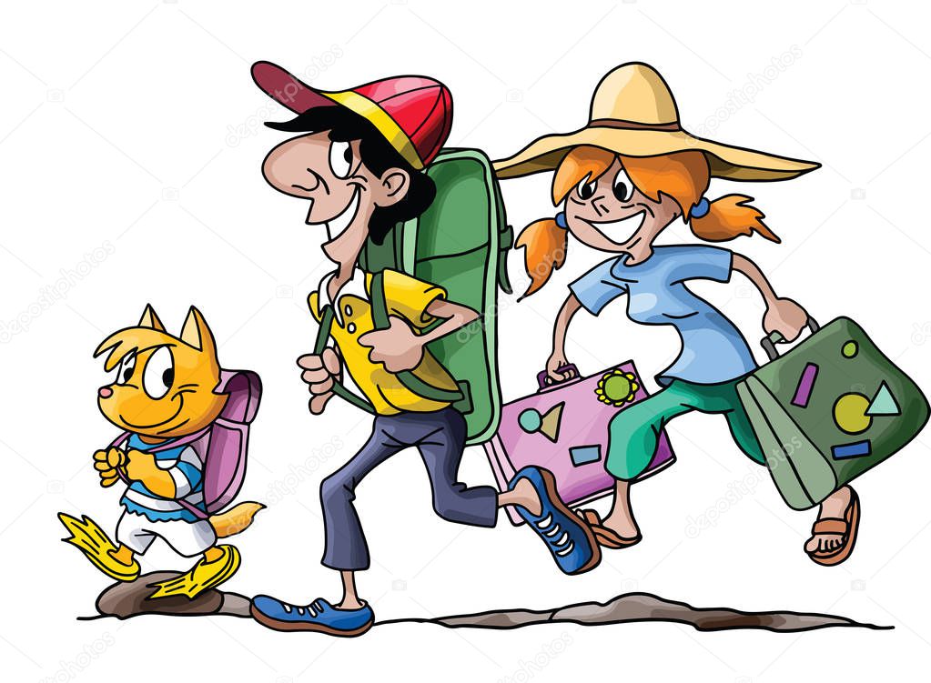 Cartoon family going on a vacation with their cat vector illustration