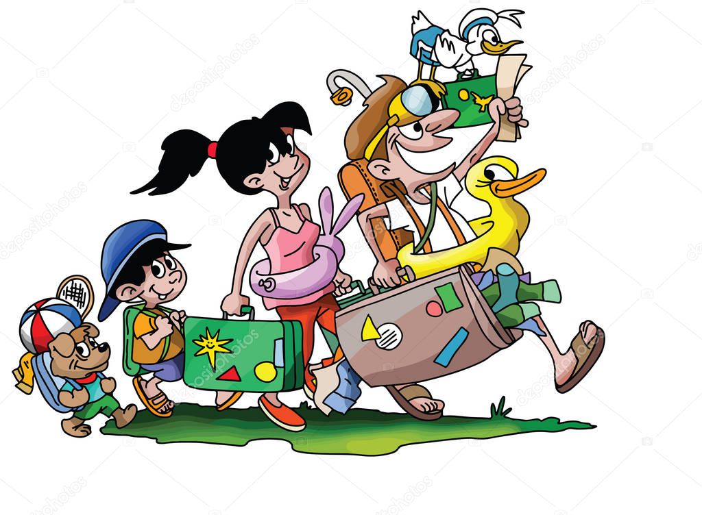 Cartoon family going on a vacation with their dog vector illustration