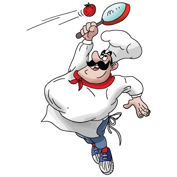 Chef Dibujos Animados Jugando Tenis Con Una Cacerola Vector Tomate — Archivo Imágenes Vectoriales