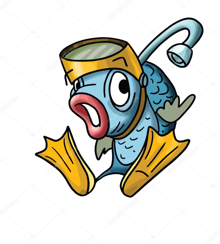 Cartoon fish wearing a snorkeling mask and diving flippers vector illustration