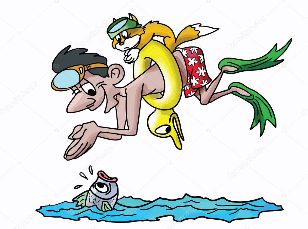 Cartoon man diving into water with his goggles on his head and his cat on his back vector illustration