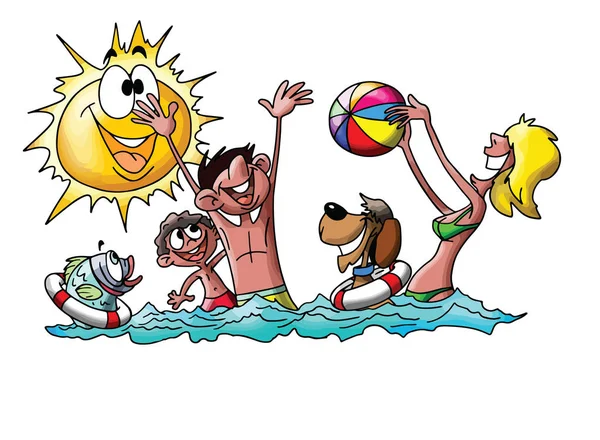 Cartoon Familie Urlaub Ballspielen Und Schwimmen Meer Vektor Illustration — Stockvektor