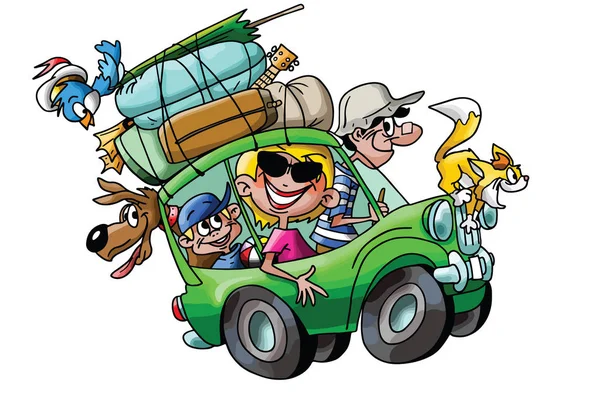 Cartoon Familie Urlaub Mit Ihrem Auto Voll Beladen Vektor Illustration — Stockvektor