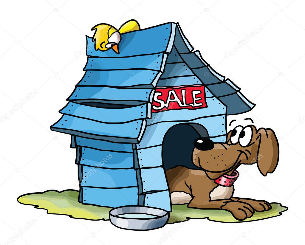 Cartoon dog selling his wooden blue house vector illustration