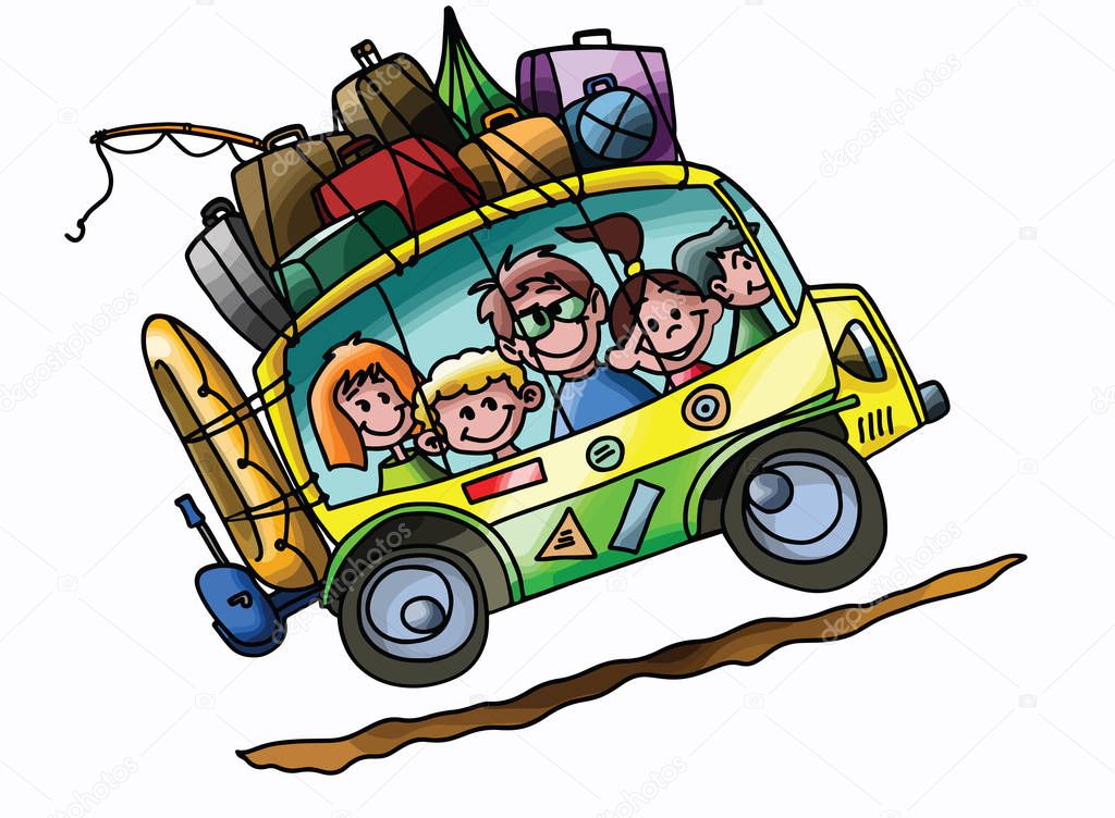 Cartoon family going to summer camp with their car fully loaded vector illustration