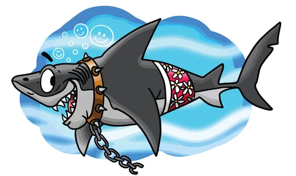 Cartoon Great White Shark Brakes Free His Chains Vector Illustration — Stock Vector