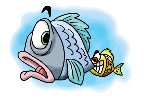 Freche Kleine Zeichentrickfische Beißen Schwanz Seiner Mutter Vektorillustration — Stockvektor