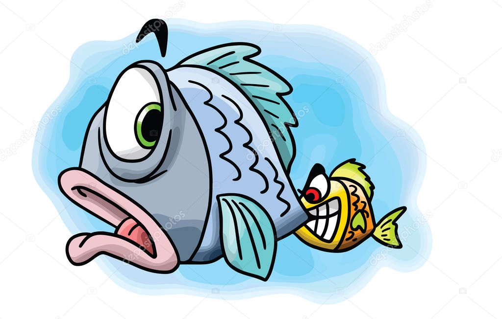 Naughty little cartoon fish biting his mother's tail vector illustration