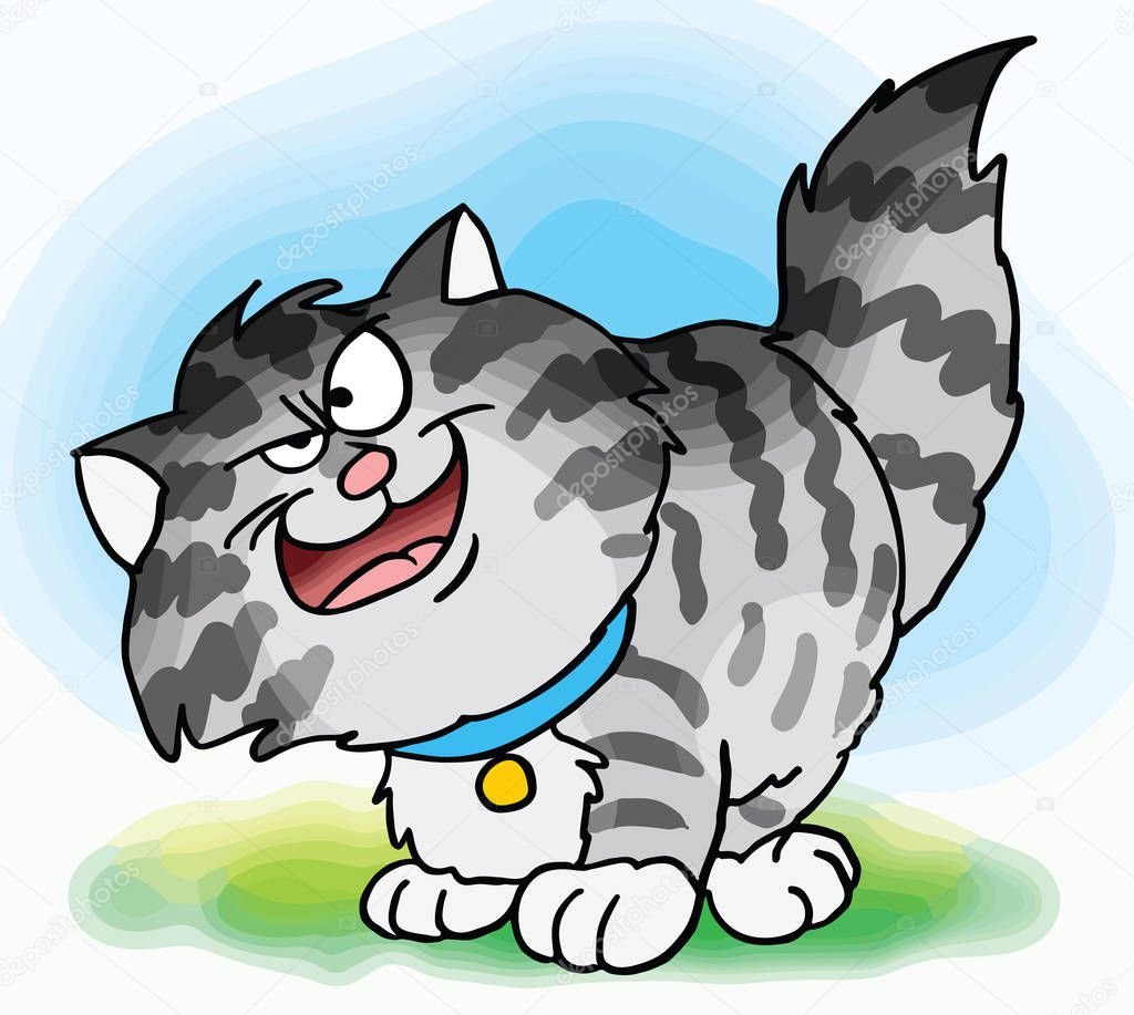 Cute fluffy cartoon cat looking wisely vector illustration